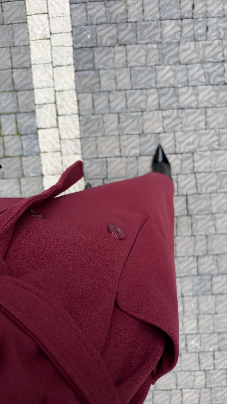 Premium Kalite Kuşaklı İthal Bordo Kaşe Kaban
